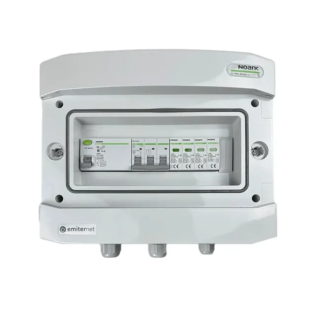 Connexion au tableau photovoltaïqueÉMETTEUR AC hermétique IP65 avec parafoudre AC type Noark 2, 40A 3-F, RCD type A 63A/300mA