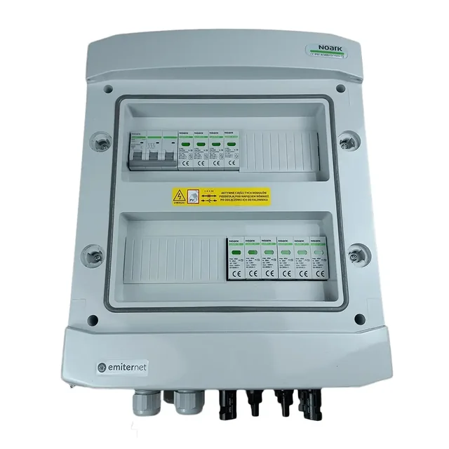 Connexion au tableau photovoltaïqueÉMETTEUR hermétique DCAC IP65 avec parafoudre DC Noark 1000V type 2, 2 x chaîne PV, 2 x MPPT // limite.AC Noark type 2, 16A 3-F