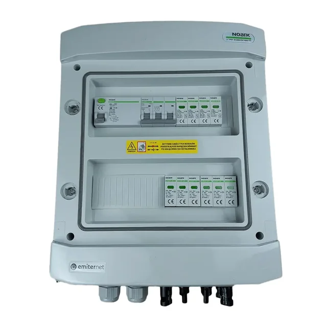 Connexion au tableau photovoltaïqueÉMETTEUR hermétique DCAC IP65 avec parafoudre DC Noark 1000V type 2, 2 x chaîne PV, 2 x MPPT // limite.AC Noark type 2, 16A 3-F, RCD type A 40A/300mA