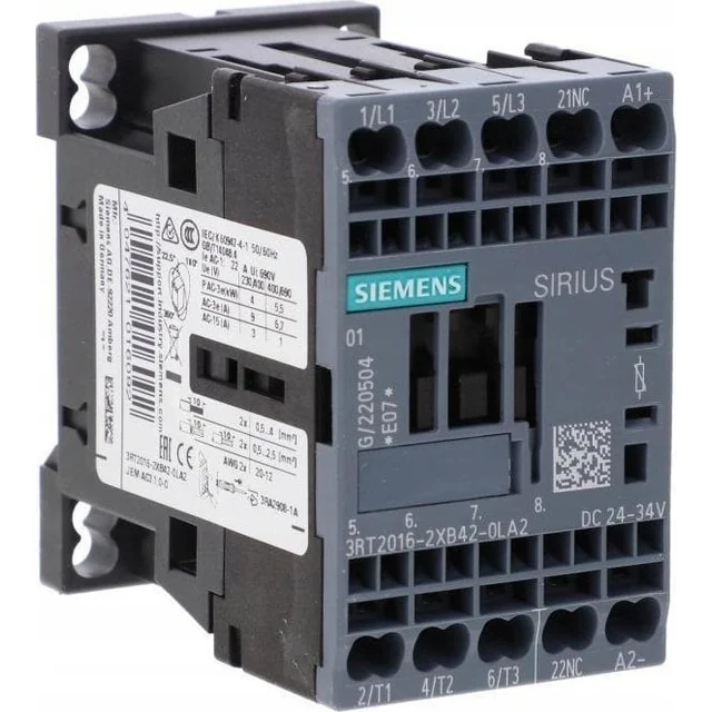 Contactor feroviar Siemens S00 AC-3 4kW / 400V 1R 24VDC 0.7...1.25 US cu conexiune cu arc varistor pentru control PLC 3RT2016-2XB42