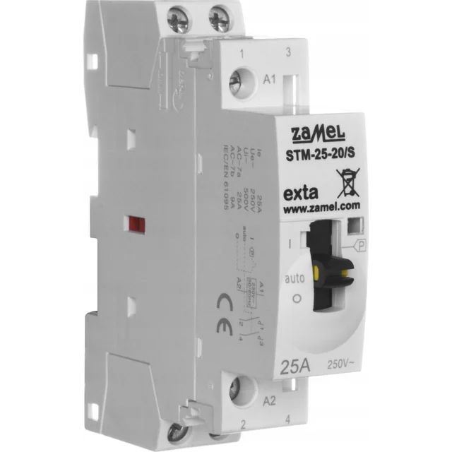 Contactor modular Zamel cu control manual, instalare, 25A, 2xNO, 230V AC, tip: STM-25-20/S EXT10000287