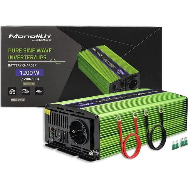 Conversor Qoltec Conversor de tensão Monilith | carregamento de bateria | UPS | 600W |1200W | 12V a 230V | Seno Puro