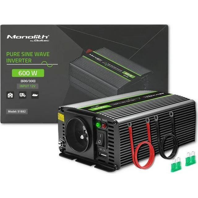 Convertidor Qoltec Convertidor de voltaje monolito | 300W | 600W | 12V a 230V | Seno puro