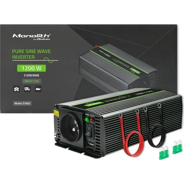 Convertidor Qoltec Convertidor de voltaje monolito | 600W | 1200W | 12V a 230V | Seno puro