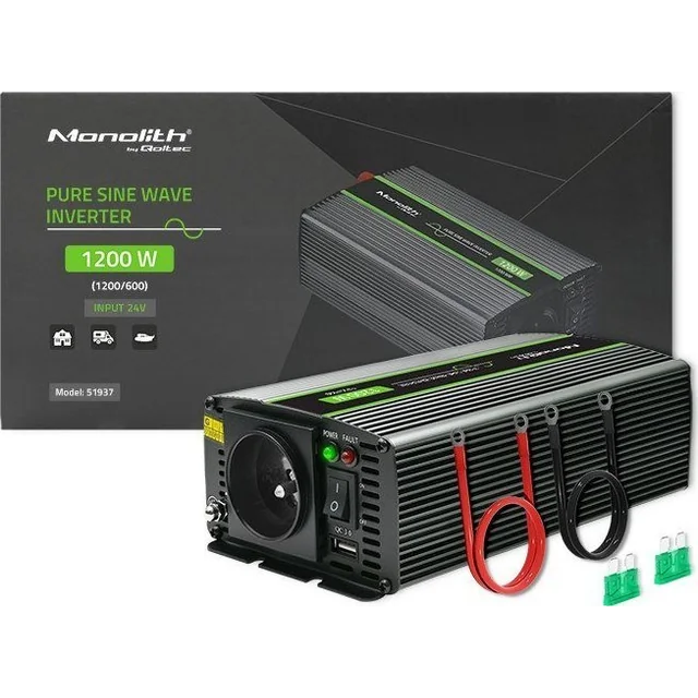 Convertidor Qoltec Convertidor de voltaje monolito | 600W | 1200W | 24V a 230V | Seno puro