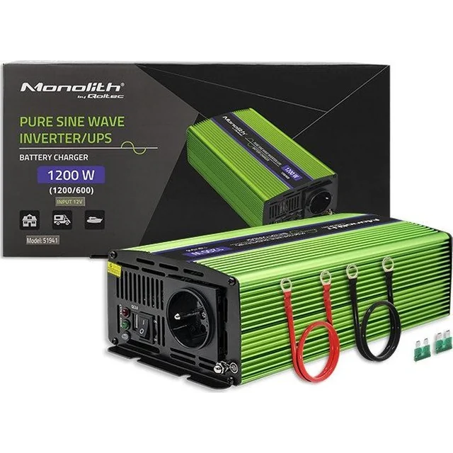 Convertitore Qoltec Convertitore di tensione Monilith | ricarica della batteria | UPS | 600W |1200W | Da 12V a 230V | Seno puro