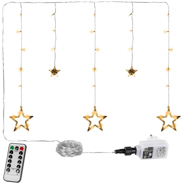 cortina de natal 5 estrelas,61 LED, branco quente, controle remoto