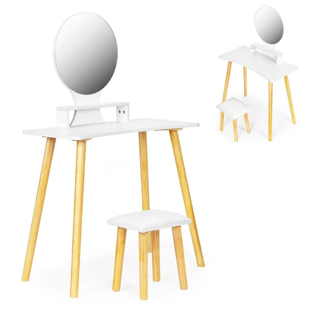 Cosmetic dressing table with stool and mirror shelf