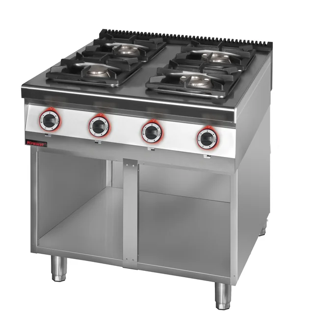 Cuisinière à gaz 4 brûleur 1x4,5kW+ 1x7,5kW + 2x9,0 kW sur fond de meuble ouvert