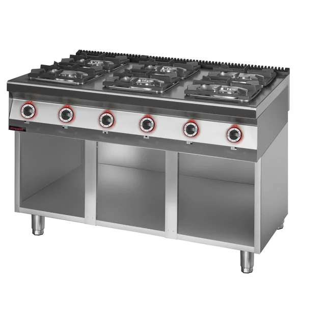 Cuisinière à gaz 6 brûleur 2x4,5kW + 2x7,5kW + 2x9,0 kW sur fond de meuble ouvert