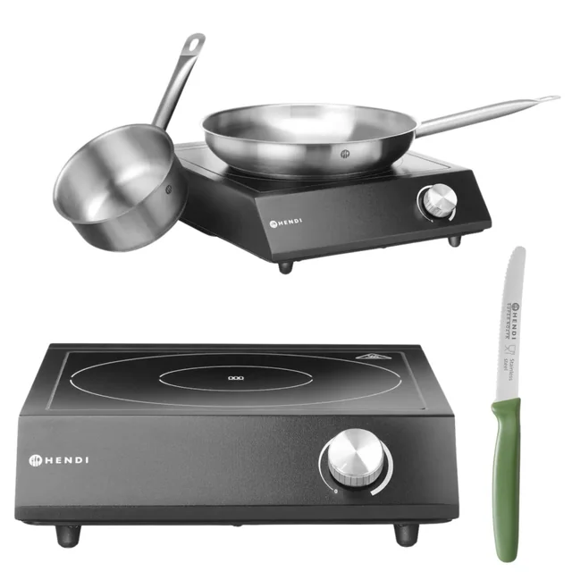 Cuisinière à induction gastronomique 3500W + Casserole + Poêle + Couteau Hendi 239889