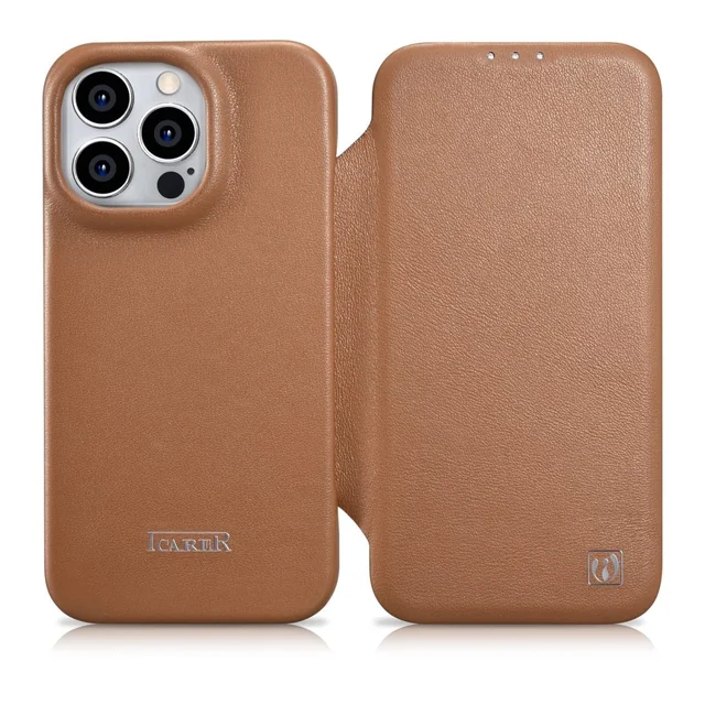 Custodia in pelle per iPhone 14 Pro Max con patta magnetica MagSafe CE Premium Leather marrone chiaro