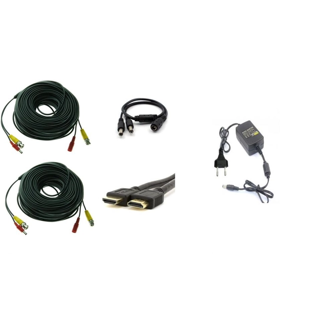 Surveillance system accessories kit for 2 cameras, ready-made cables, HDMI cable, power supply, splitter