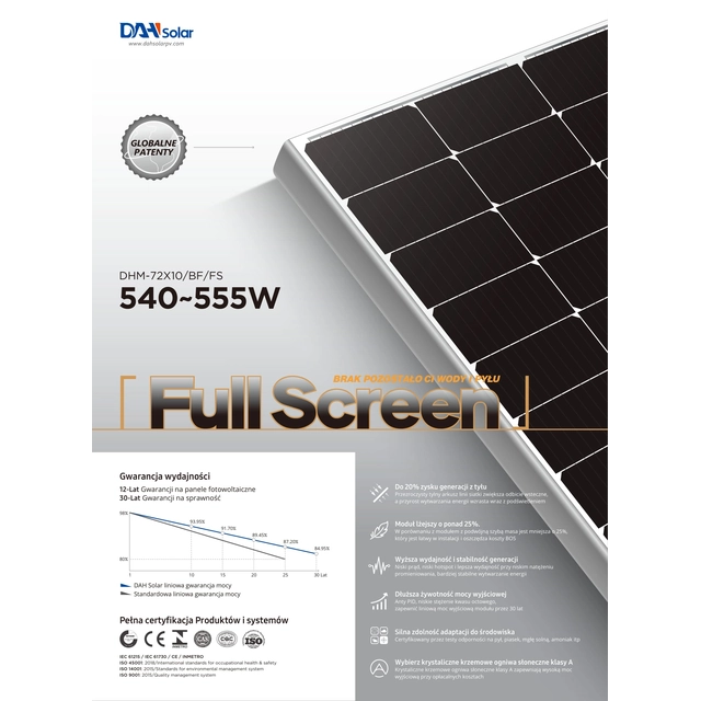 DAH Solar 550w Teljes képernyős BIFACIAL DHM- T72X10/FS (BF) 550