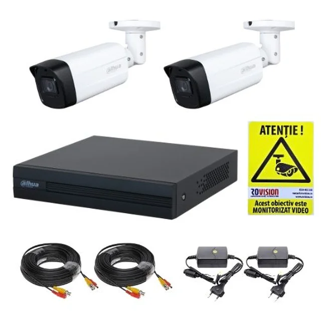 Dahua megfigyelő készlet 2 HDCVI kamerák 2MP IR 40m Objektív 2.8mm, DVR WizSense 4 Csatornák 1080N/720p, telepítési kiegészítők + AJÁNDÉK Rovision matrica