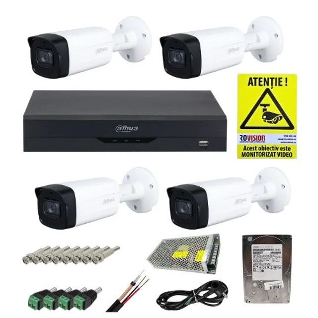 Dahua professional surveillance kit 4 cameras 2MP IR 40m IP67, DVR 4 WizSense channels 5MP, HDD 1TB, mounting accessories and ROVISION sticker