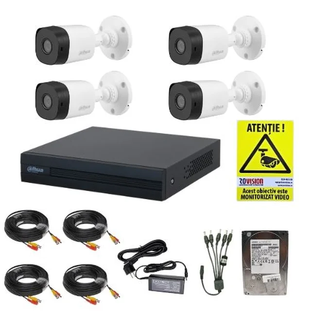 Dahua sistema completo de vigilância externa 4 câmeras 2MP IR 20m Lente 3.6mm, DVR 4 canais 1080N/720p WizSense, acessórios de montagem, HDD 500GB + adesivo GIFT Rovision