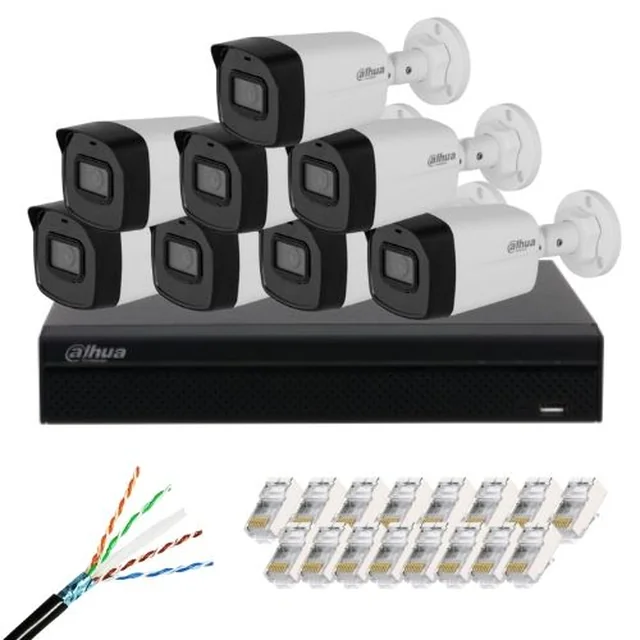 Dahua stebėjimo rinkinys 8 kameros 4MP IR mikrofonas 30M 3.6mm, NVR 8 PoE kanalai 12MP 160Mbps, FTP kabelis CAT6 volelis 100m ir kištukai RJ45