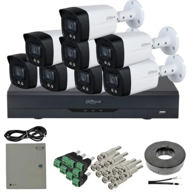 Dahua surveillance kit 8 cameras 5MP lens 3.6mm IR 40m microphone, DVR 8 channels 8MP 4K AI functions and accessories