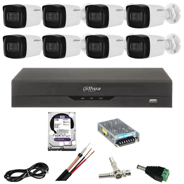 Dahua surveillance kit met 8 Megapixel 5 camera's, Infrarood 80m, DVR met 8 kanalen, Harde Schijf 2 TB, Accessoires