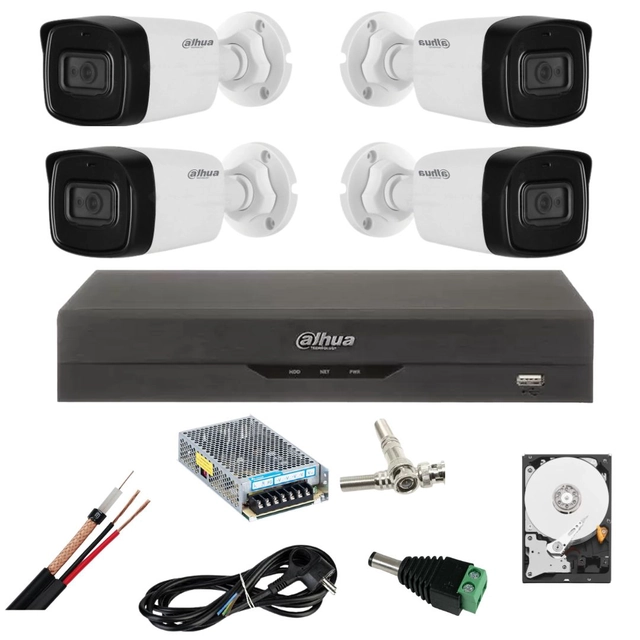 Dahua surveillance systeem met 4 camera's 5 Megapixels, Infrarood 80m, Microfoon, DVR 4 kanalen 5 Megapixels, Hard 1TB, Accessoires
