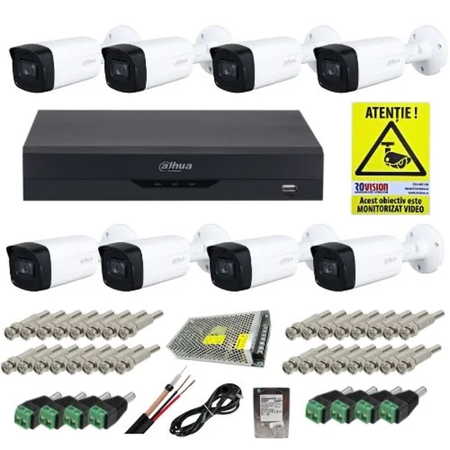 Dahuan ammattimainen valvontasarja 8 kamerat 2MP IR 40m IP67, DVR 8 WizSense-kanavat 5MP, HDD 1TB, kiinnitystarvikkeet ja ROVISION-tarra