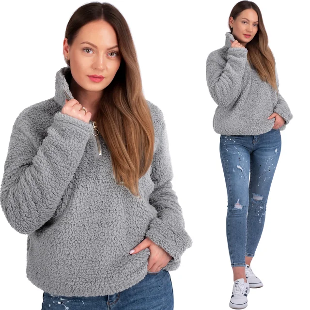 Damen-Sherpa-Sweatshirt mit Kragen Hellgrau m