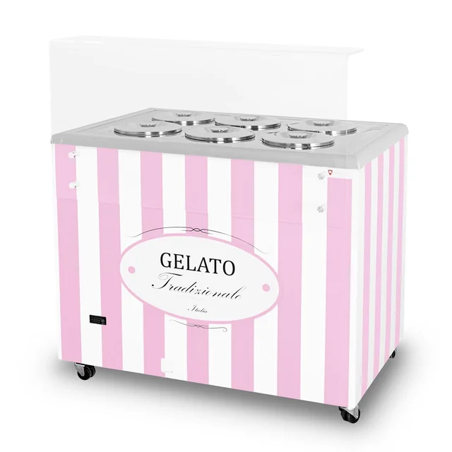 Dávkovač zmrzliny | vitrína zmrzliny | konzervátor | retro | 6 vana | kulaté kyvety | 1063x670x895 mm | GELATO POZETTI 6 RŮŽOVÁ