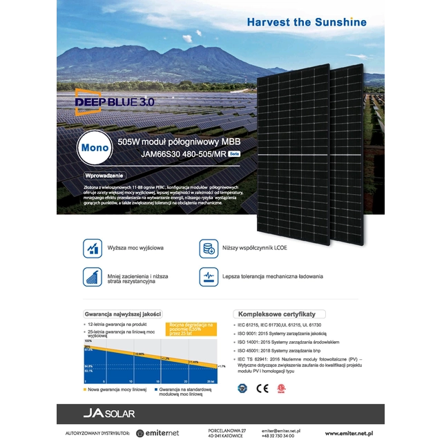 Photovoltaic module PV panel 500Wp Ja Solar JAM66S30-500/MR_BF Deep Blue 3.0 Black Frame