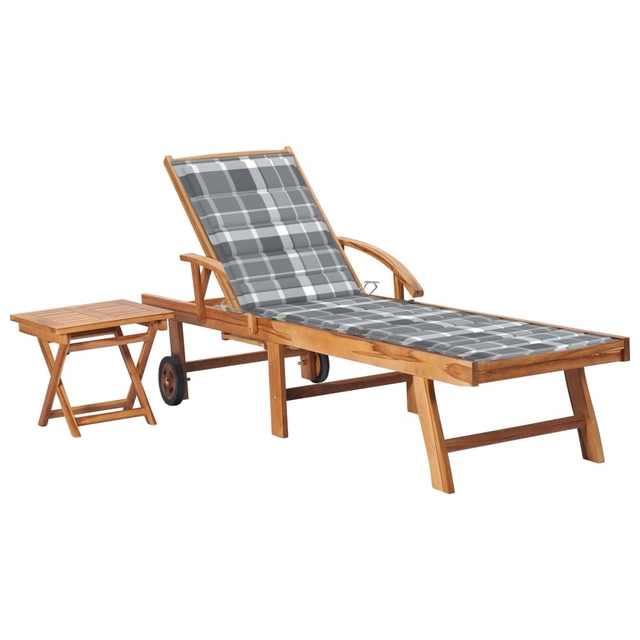 Sun lounger with table and cushion, solid teak wood