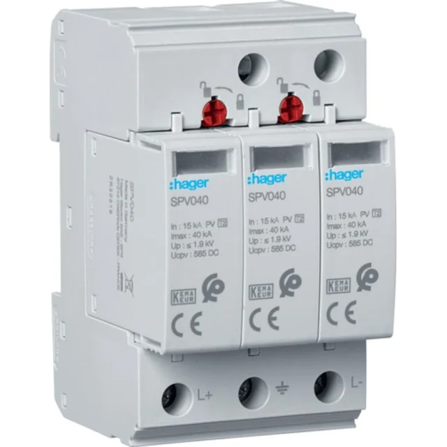 Descargador de sobretensiones C Hager Tipo 2 PV 3P In 15kA Imax 40kA 3,7kV 1000V DC (SPV340)