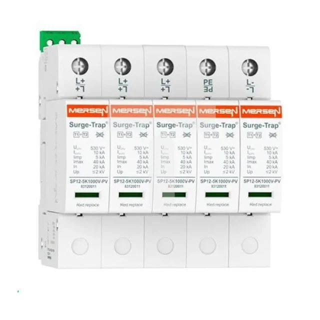 Descargador de sobretensiones CC MERSEN Tipo 1+2, 1000V CC, hasta 2-stringów 5-polowy, IImp 5kA, Contacto auxiliar, inserto reemplazable, Configuración ++ PE –