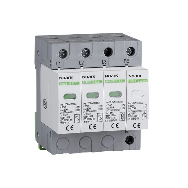 Descargador de sobretensiones Noark, tipo I+II 275V AC, 12,5 kA inserto reemplazable, 3+N-bieg.