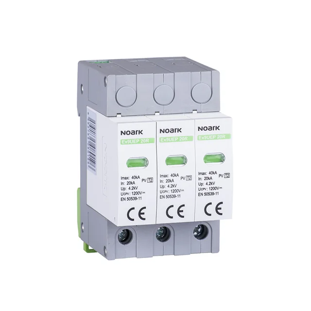 Descargador de sobretensiones SPD Noark Ex9UEP, tipo II, 1000 V CC, 3 módulos anchos, para sistemas fotovoltaicos sin conexión a tierra