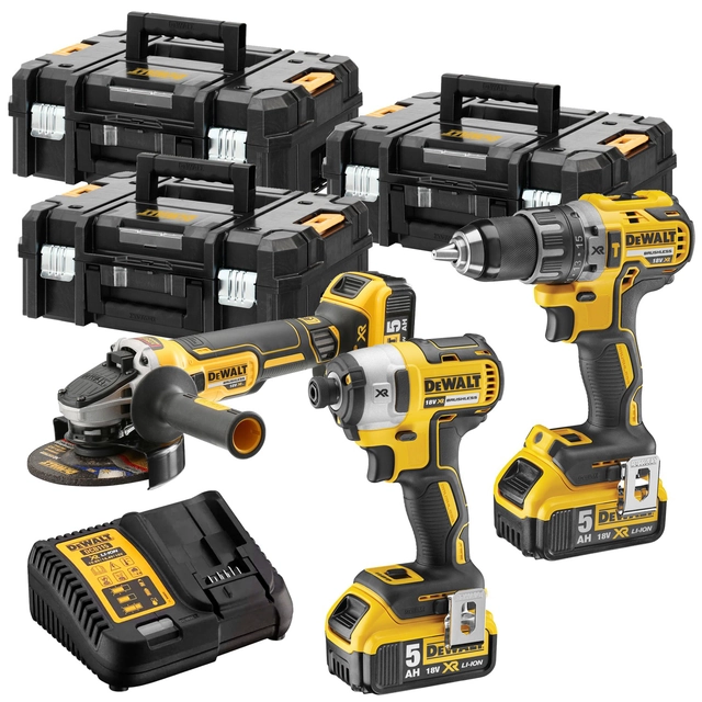 DeWalt 18V készlet P1 csavarhúzó + DCG405 csiszoló + DCF887 + 3x5Ah + 3xTSTAK csavarhúzó