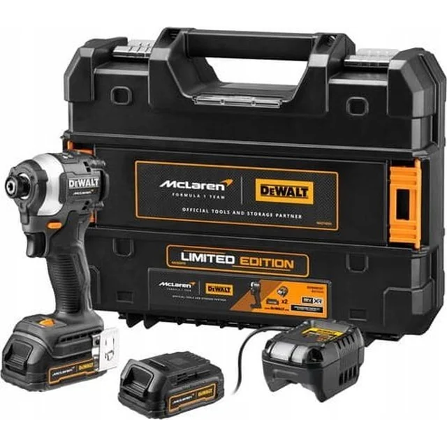 Dewalt Avvitatore a percussione a batteria DeWALT DCF85ME2GT, 18V, 1/4", nel design McLaren (grigio/nero, batteria agli ioni di litio 2x POWERSTACK 1.7 Ah, nella scatola T STAK)