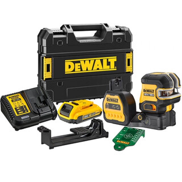 DeWalt DCE825D1G18-QW Groene punt- en lijnlaser Effectieve straal met signaalinterceptor: 0 - 50 m | 1 x 2 Ah-accu + lader | TSTAK in een koffer