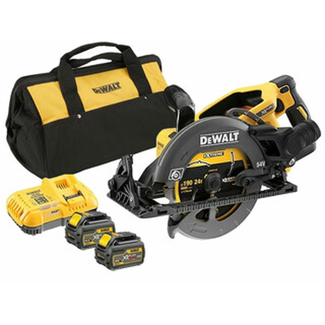 DeWalt DCS577T2-QW akumulatora ripzāģis 54 V | Ripzāģa asmens 190 mm x 30 mm | Griešanas maks. 65 mm | Oglekļa brushless | 2 x 6 Ah akumulators + lādētājs | Kartona kastē