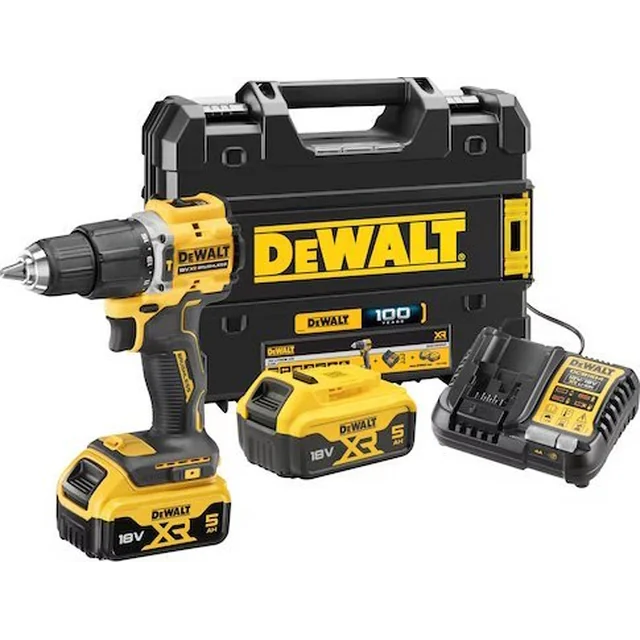 Dewalt-iskuporakone/väännin „100 vuotta" harjattomalla moottorilla 18V XR- 2 x akku 5AH TSTAK DCD100YP2T-QW