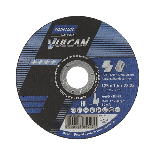 Disc de tăiere plat Norton Vulcan 125x1,6x22,23 metal inox pentru polizor unghiular