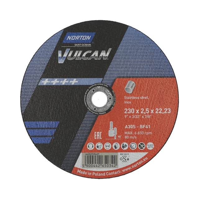 Disc de tăiere plat Norton Vulcan 230x2,5x22,23 inox pentru polizor unghiular