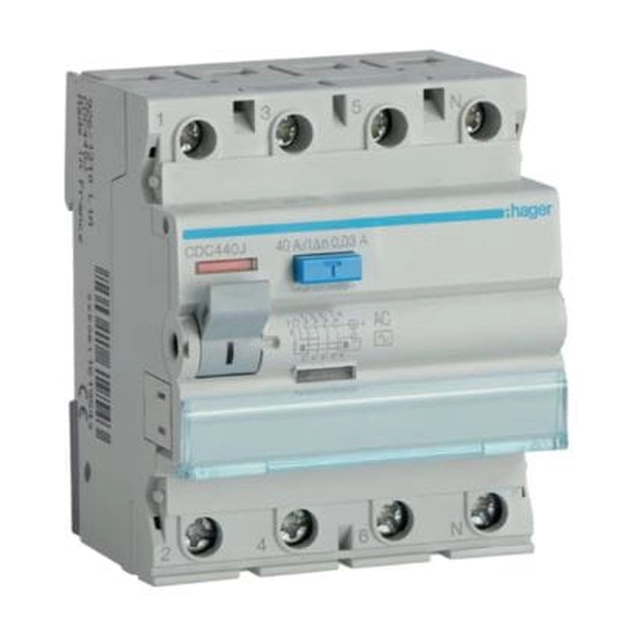 Disjuntor de corrente residual 3P+N 40A 30mA 6kA AC Hager CDC440J