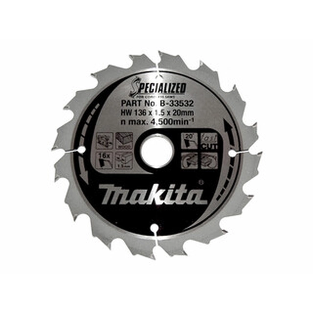 Δισκοπρίονο Makita 136 x 20 mm | αριθμός δοντιών: 16 db | Πλάτος κοπής: 1,5 mm