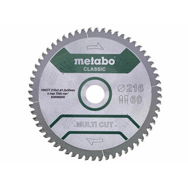 Δισκοπρίονο Metabo 216 x 30 mm | αριθμός δοντιών: 60 db | Πλάτος κοπής: 2,4 mm