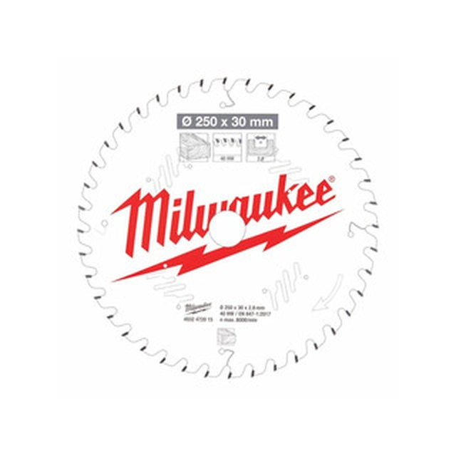 Δισκοπρίονο Milwaukee 250 x 30 mm | αριθμός δοντιών: 40 db | Πλάτος κοπής: 2,8 mm