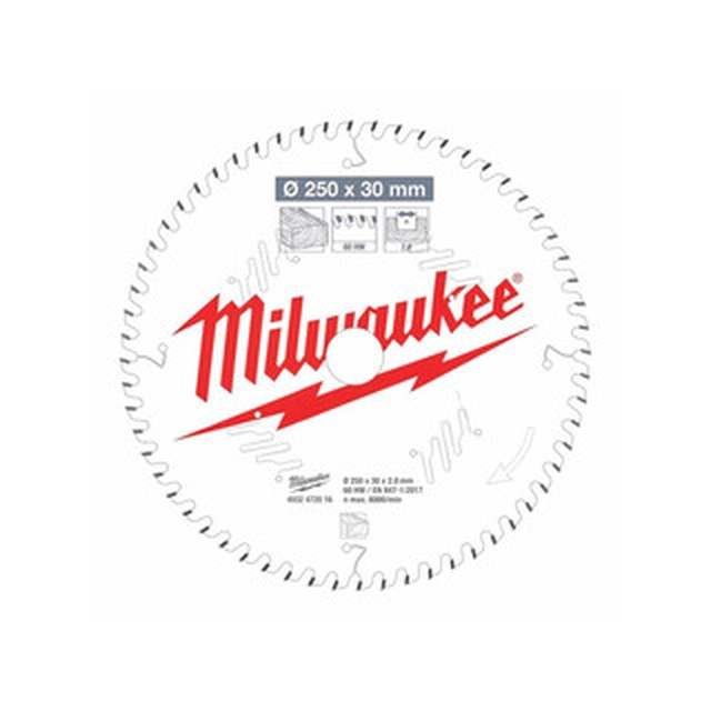 Δισκοπρίονο Milwaukee 250 x 30 mm | αριθμός δοντιών: 60 db | Πλάτος κοπής: 2,8 mm