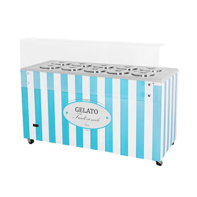 Dispensador de sorvete | conservador | retrô | 10 banheira | cubetas redondas | 1503x670x895 mm | GELATO POZETTI 10 AZUL