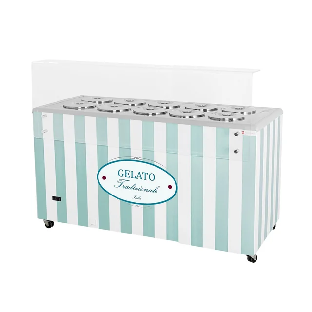 Distributeur de glace | restaurateur | rétro | 10 baignoire | cuvettes rondes | 1503x670x895 mm | GELATO POZETTI 10 BLEU PASTEL