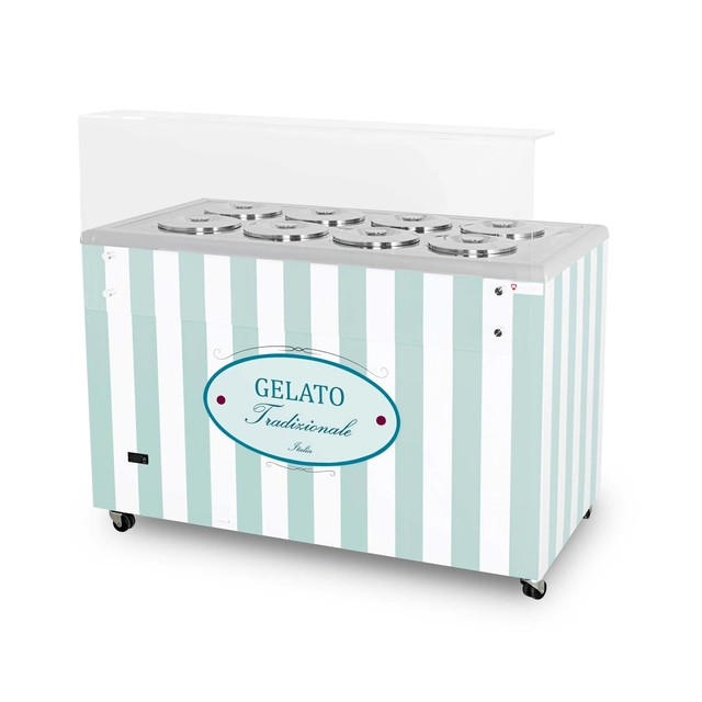 Distributeur de glace | vitrine de glaces | restaurateur | rétro | 8 baignoire | cuvettes rondes | 1283x670x895 mm | GELATO POZETTI 8 BLEU PASTEL