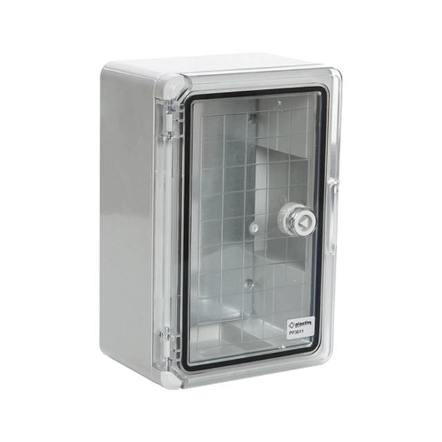 Distribution box, gray, IP65, transparent door, metal plate, 200x300x130 mm PP3011